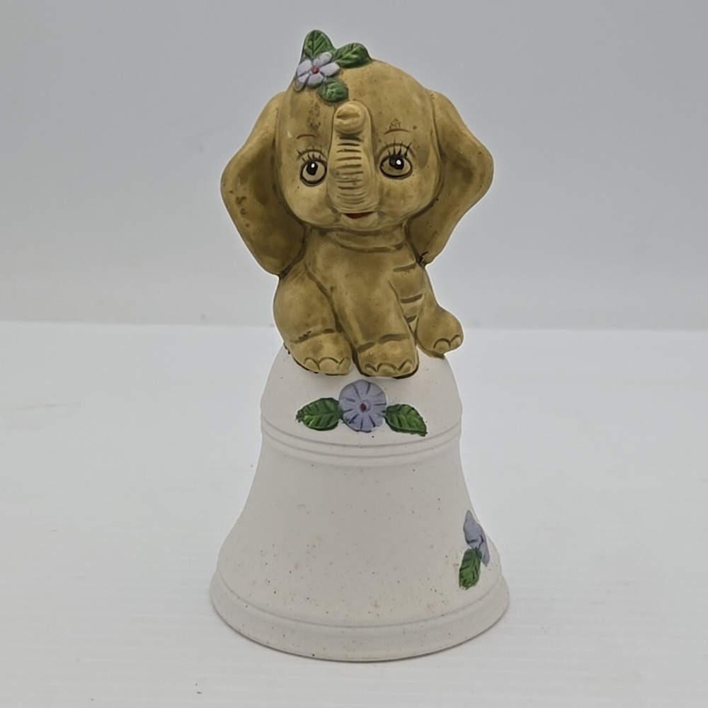 Vintage Ceramic 5" Baby Elephant Bell Hand Painted Floral Decorative Figurine